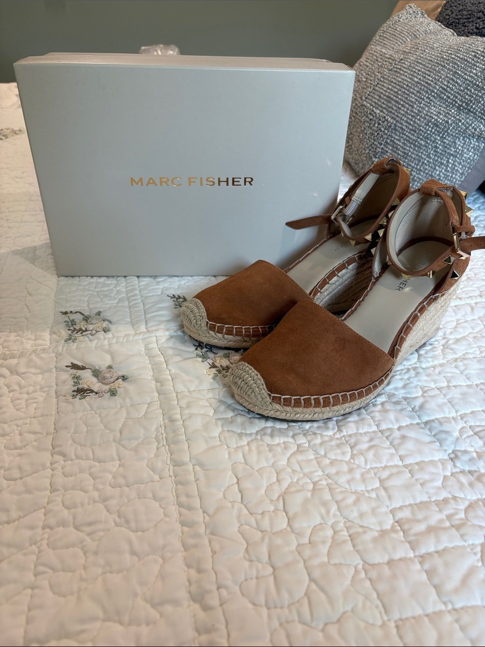 Marc Fisher Brown Suede Espadrille Wedge Sandals with Studded Ankle Strap - Picture 1 of 5